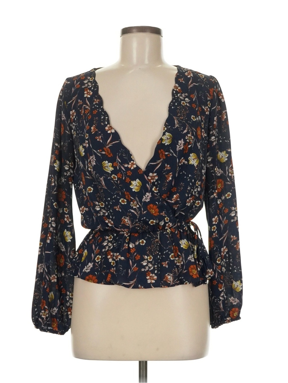 nine britton Navy Floral Scalloped Wrap Blouse